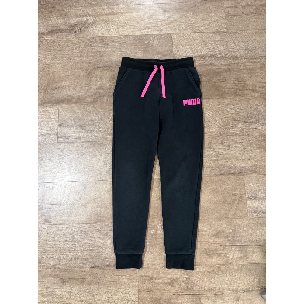 Puma Girl's Fleece Joggers Black Pink Logo Sweatpants Size L 10-12